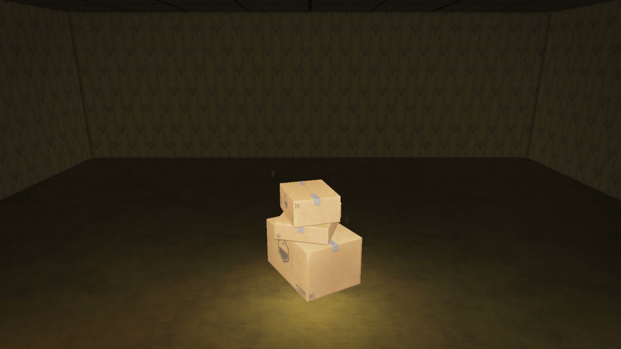 An Ordinary Death Cache made from three cardboard boxes in an actor-free studio-lit Backrooms room