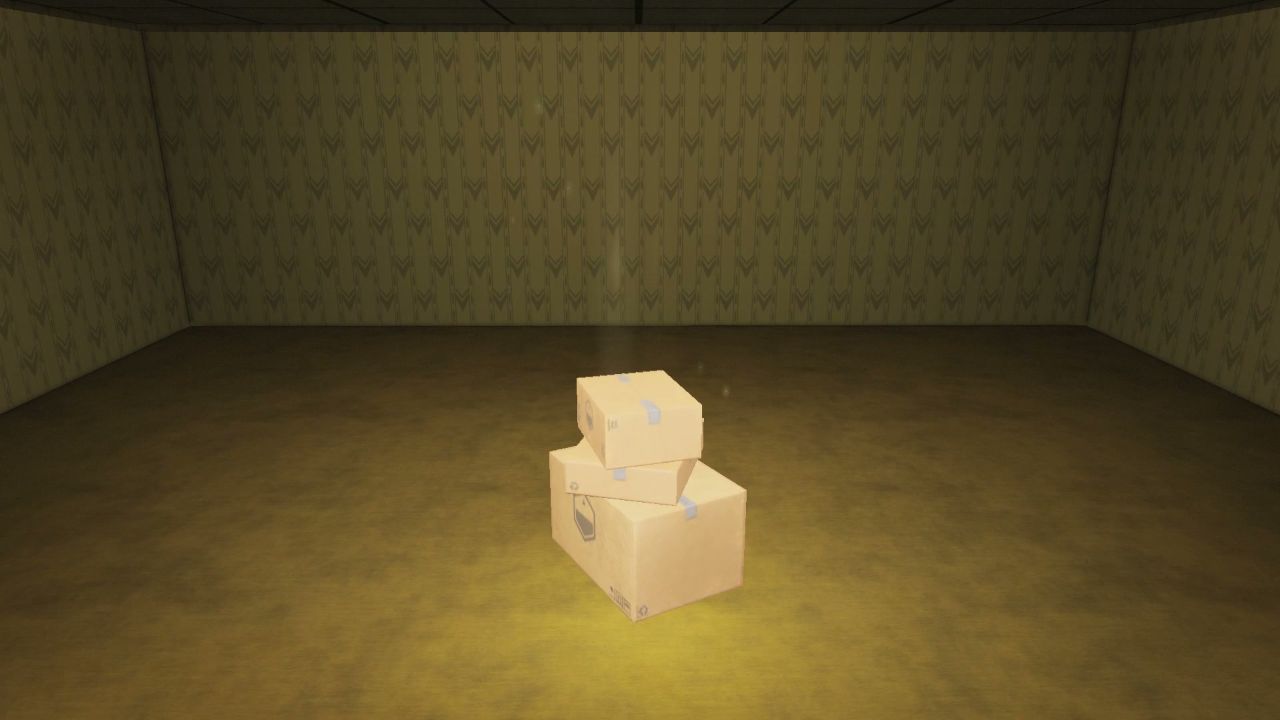 A Holy Death Cache glowing warmly in an actor-free studio-lit Backrooms room