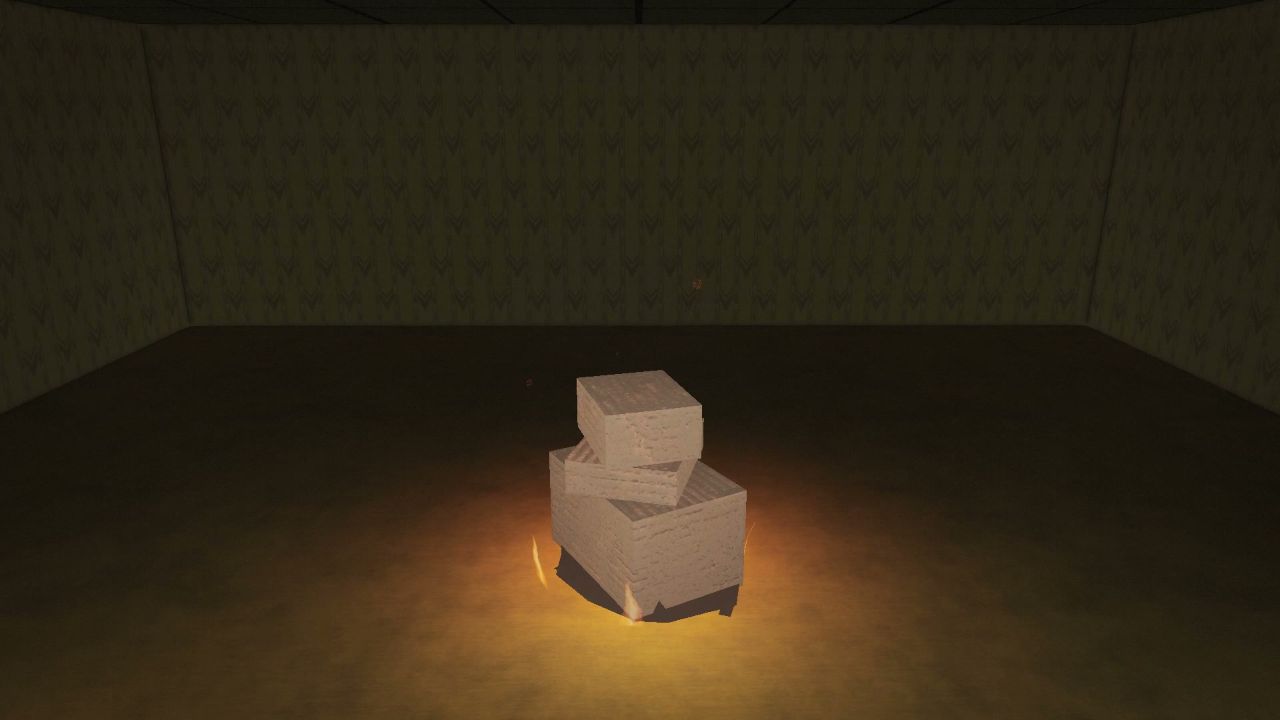 A Hellfire Death Cache surrounded by contained fire in an actor-free studio-lit Backrooms room